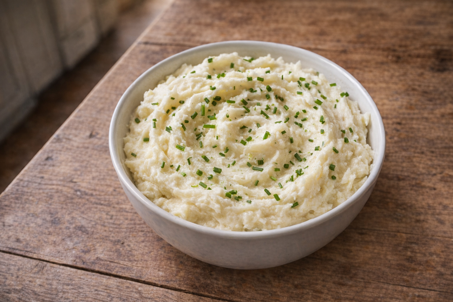 A top-down, brightly lit shot of a bowl of creamy garlic mashed potatoes, garnished with fresh chives, sitting on a rustic wooden table